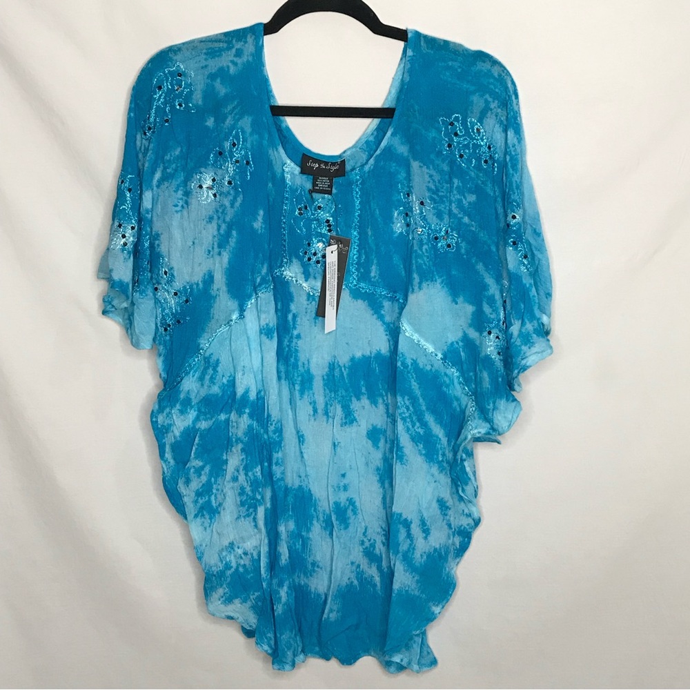 NWT Step in Style Women's Blue Tie Dye Blouse One Size Bling Cover Up Boho Beach